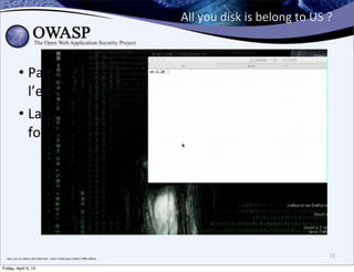 All	
  you	
  disk	
  is	
  belong	
  to	
  US	
  ?



                • Par	
  défaut	
  WebStorage	
  limite	
  a	
  quelques	
  méga	
  
                  l’espace	
  disque	
  par	
  origine	
  (2.5Mb	
  à	
  10Mb)	
  
                • La	
  norme	
  dit	
  que	
  chaque	
  origine	
  n’a	
  pas	
  
                  forcément	
  5Mb.	
  Mais...




  bon,	
  oui,	
  la	
  vidéo	
  a	
  été	
  faite	
  hier...mais	
  c’etait	
  pour	
  éviter	
  l’eﬀet	
  démo
                                                                                                                                                                     23

Friday, April 5, 13
 
