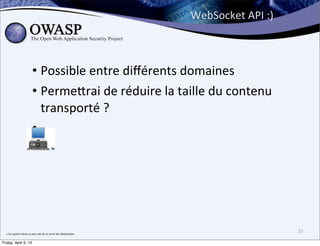 WebSocket	
  API	
  :)



                                  • Possible	
  entre	
  diﬀérents	
  domaines
                                  • Perme;rai	
  de	
  réduire	
  la	
  taille	
  du	
  contenu	
  
                                    transporté	
  ?
                                  •




  c’est	
  quand	
  même	
  un	
  peu	
  sale	
  de	
  se	
  servir	
  des	
  WebSockets
                                                                                                                    25

Friday, April 5, 13
 
