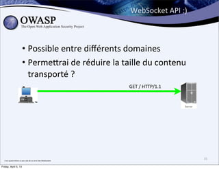 WebSocket	
  API	
  :)



                                  • Possible	
  entre	
  diﬀérents	
  domaines
                                  • Perme;rai	
  de	
  réduire	
  la	
  taille	
  du	
  contenu	
  
                                    transporté	
  ?
                                  •                                       	
  GET	
  /	
  HTTP/1.1	
  




  c’est	
  quand	
  même	
  un	
  peu	
  sale	
  de	
  se	
  servir	
  des	
  WebSockets
                                                                                                                    25

Friday, April 5, 13
 
