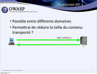 WebSocket	
  API	
  :)



                                  • Possible	
  entre	
  diﬀérents	
  domaines
                                  • Perme;rai	
  de	
  réduire	
  la	
  taille	
  du	
  contenu	
  
                                    transporté	
  ?
                                  •                                       	
  GET	
  /	
  HTTP/1.1	
  




  c’est	
  quand	
  même	
  un	
  peu	
  sale	
  de	
  se	
  servir	
  des	
  WebSockets
                                                                                                                    25

Friday, April 5, 13
 