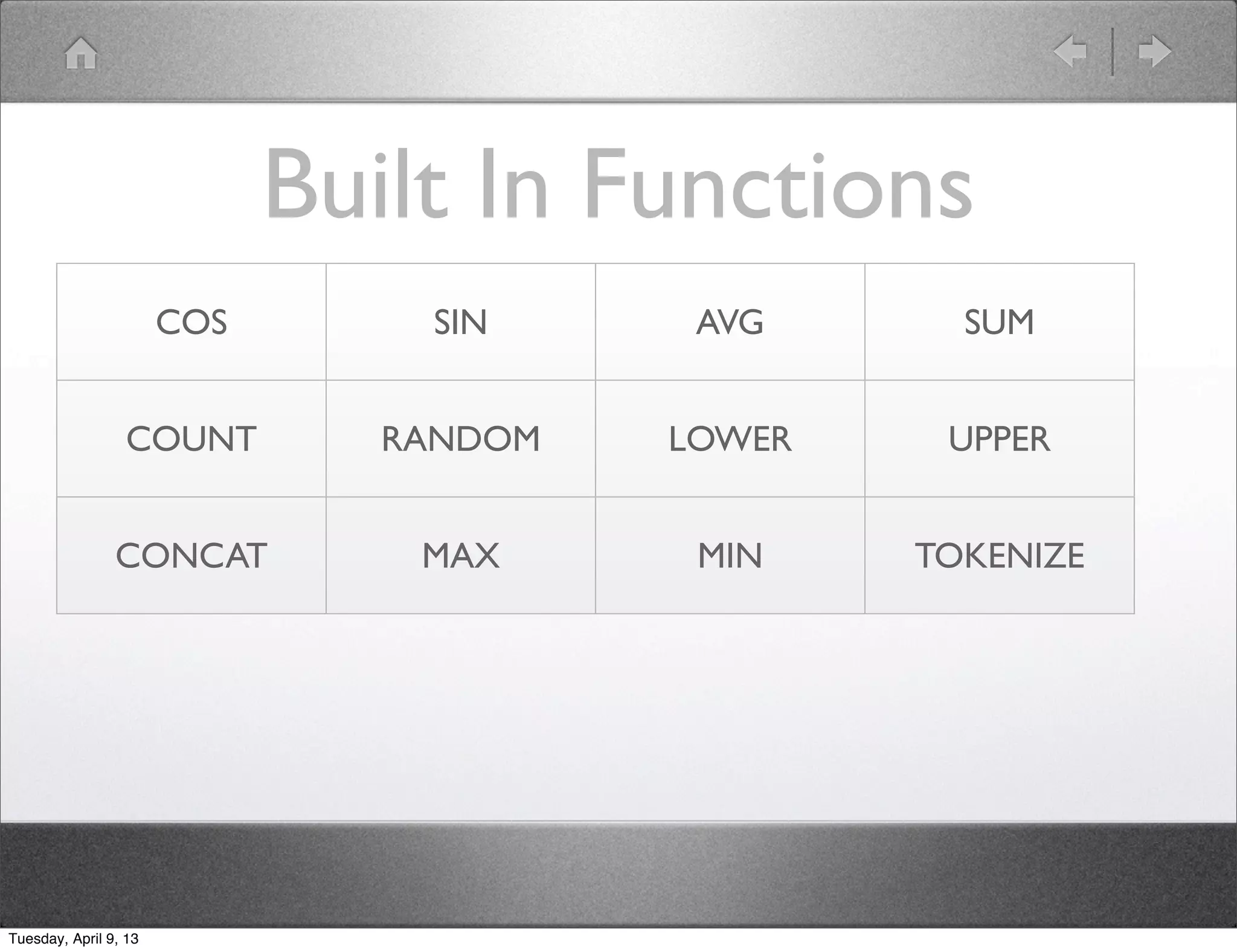 Built In Functions
                       COS       SIN      AVG      SUM


                  COUNT         RANDOM   LOWER    UPPER


                CONCAT           MAX      MIN    TOKENIZE




Tuesday, April 9, 13
 
