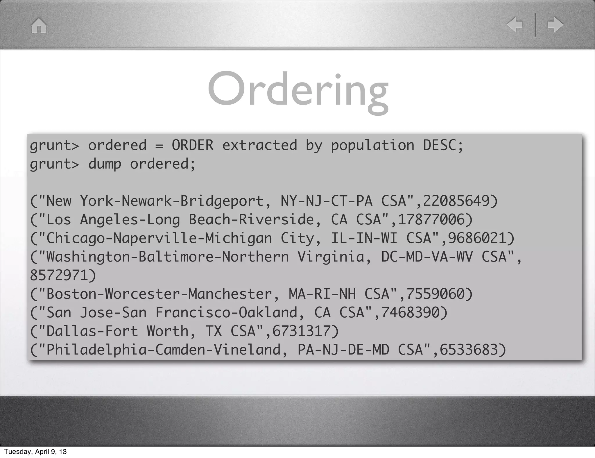 Ordering
        grunt> ordered = ORDER extracted by population DESC;
        grunt> dump ordered;

        ("New York-Newark-Bridgeport, NY-NJ-CT-PA CSA",22085649)
        ("Los Angeles-Long Beach-Riverside, CA CSA",17877006)
        ("Chicago-Naperville-Michigan City, IL-IN-WI CSA",9686021)
        ("Washington-Baltimore-Northern Virginia, DC-MD-VA-WV CSA",
        8572971)
        ("Boston-Worcester-Manchester, MA-RI-NH CSA",7559060)
        ("San Jose-San Francisco-Oakland, CA CSA",7468390)
        ("Dallas-Fort Worth, TX CSA",6731317)
        ("Philadelphia-Camden-Vineland, PA-NJ-DE-MD CSA",6533683)




Tuesday, April 9, 13
 