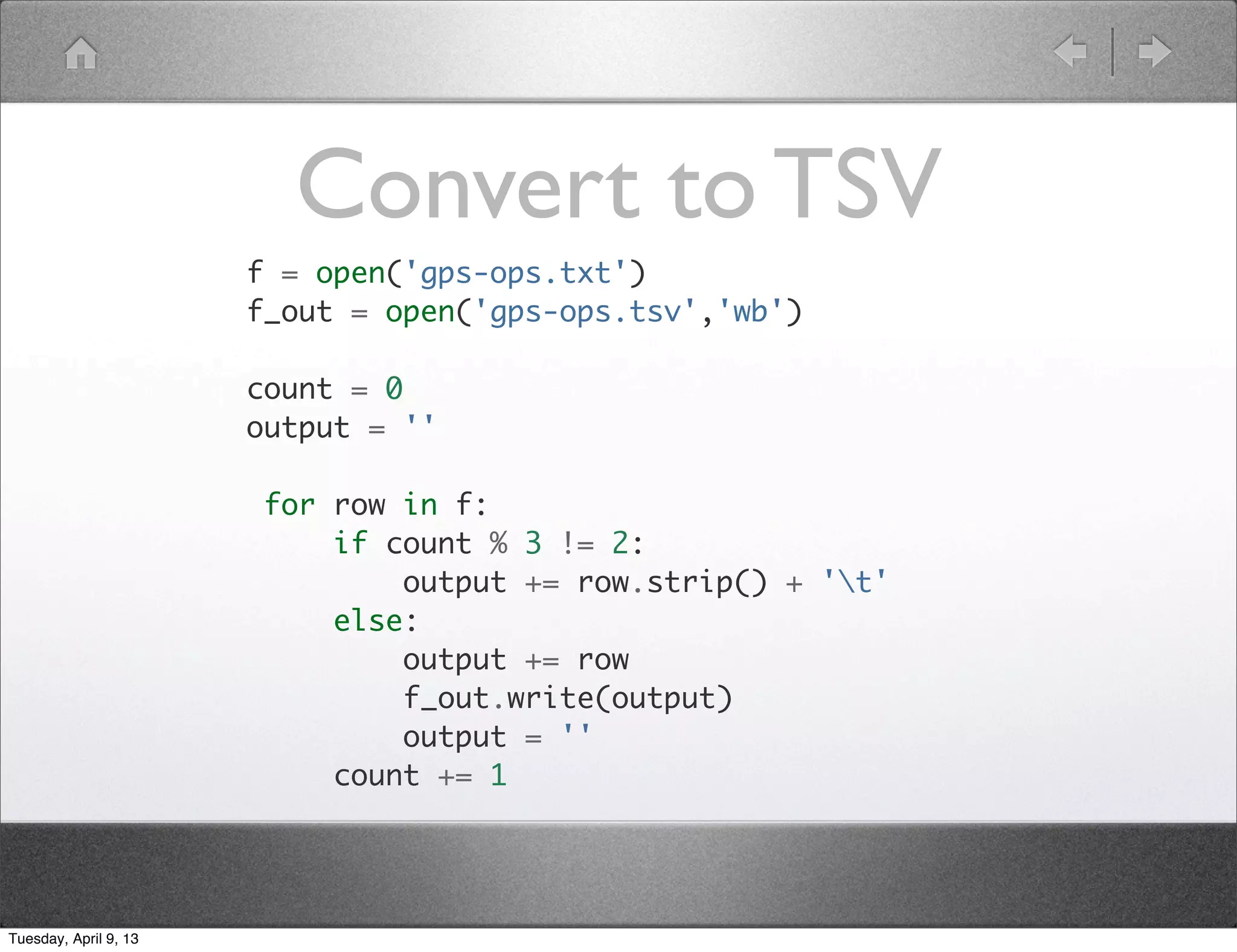 Storing Results

       grunt> parsed = FOREACH gps GENERATE myfuncs.parseTle(*);
       grunt> STORE parsed INTO 'propagated-csv' using PigStorage(',','-schema');




Tuesday, April 9, 13
 