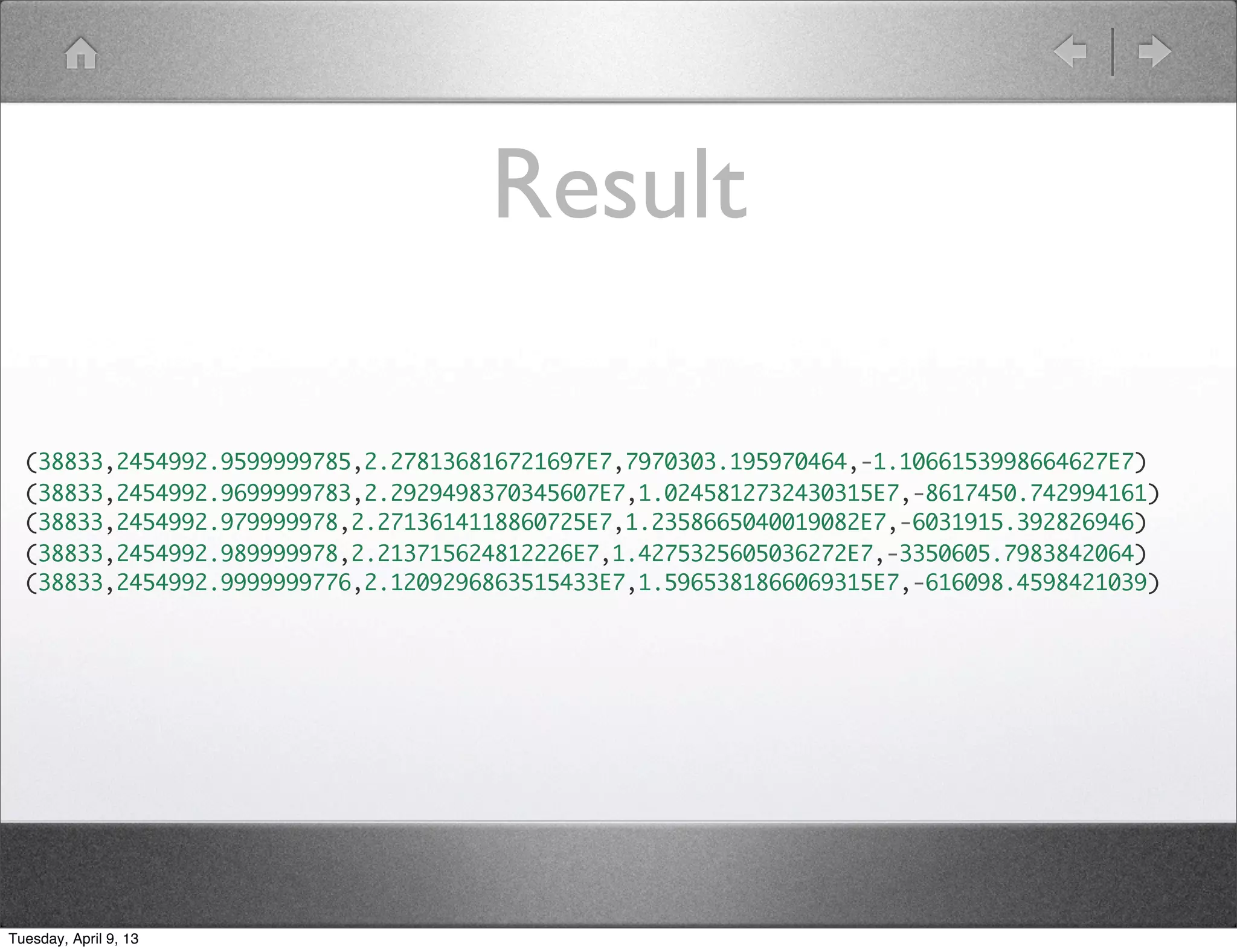 Result

  (38833,2454992.9599999785,2.278136816721697E7,7970303.195970464,-1.1066153998664627E7)
  (38833,2454992.9699999783,2.2929498370345607E7,1.0245812732430315E7,-8617450.742994161)
  (38833,2454992.979999978,2.2713614118860725E7,1.2358665040019082E7,-6031915.392826946)
  (38833,2454992.989999978,2.213715624812226E7,1.4275325605036272E7,-3350605.7983842064)
  (38833,2454992.9999999776,2.1209296863515433E7,1.5965381866069315E7,-616098.4598421039)




Tuesday, April 9, 13
 