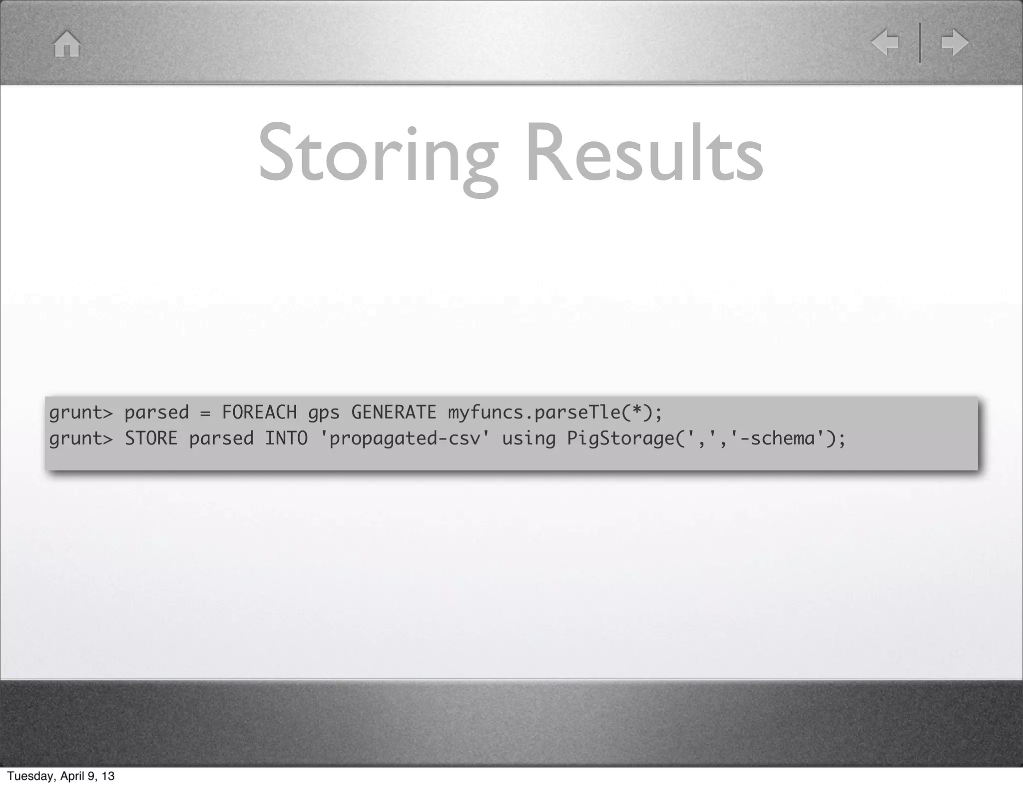 Pig on Amazon EMR



Tuesday, April 9, 13
 
