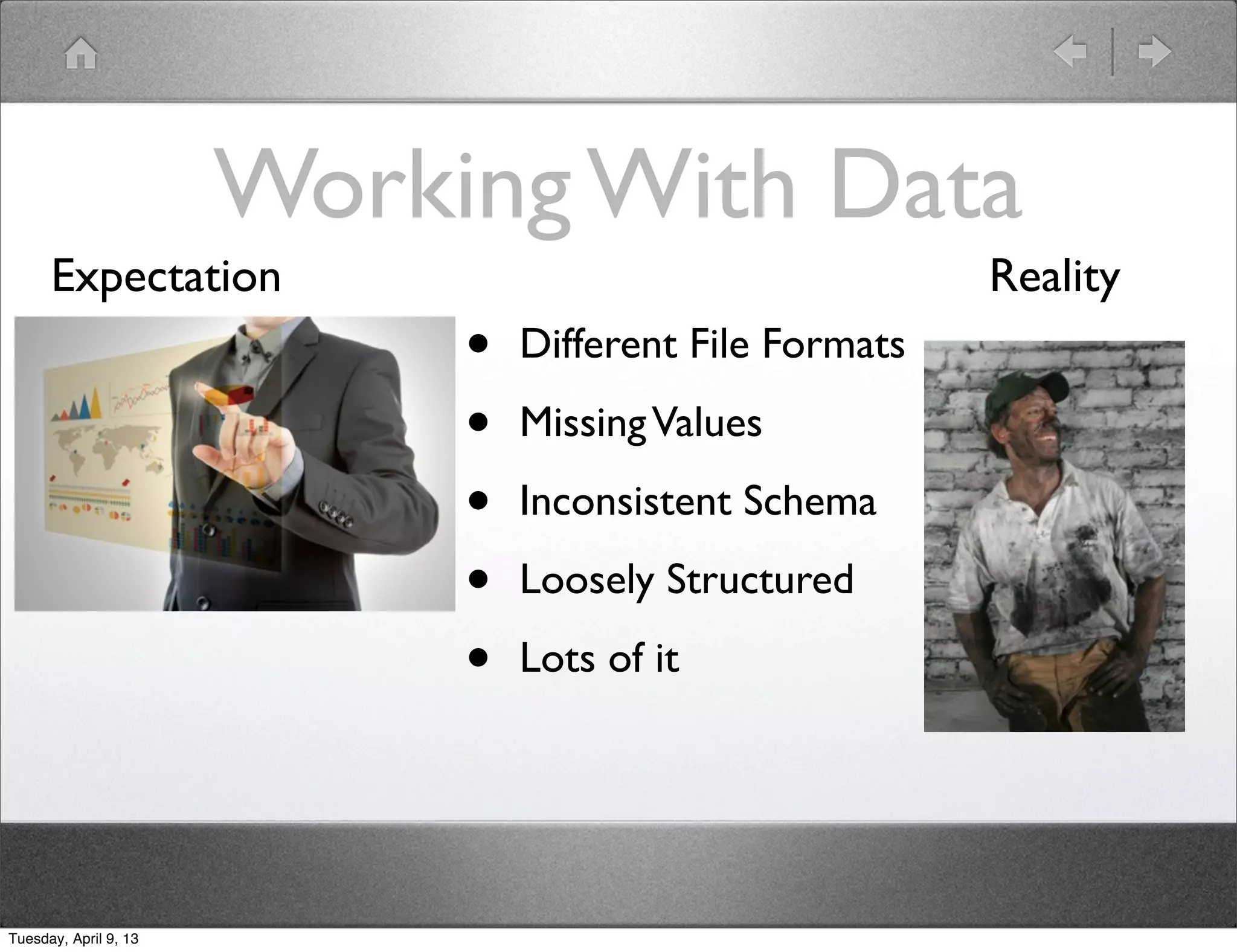 Working With Data
      Expectation                                        Reality
                            •   Different File Formats

                            •   Missing Values

                            •   Inconsistent Schema

                            •   Loosely Structured

                            •   Lots of it




Tuesday, April 9, 13
 