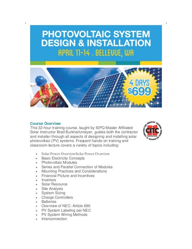 Photovoltaic System Design And Installation Course