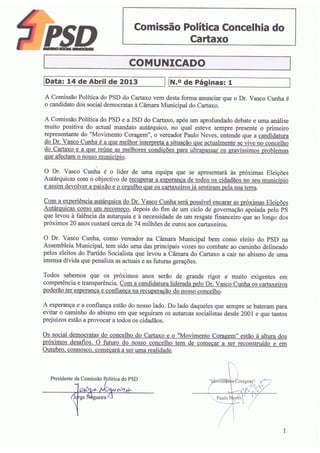 Vasco Cunha é o candidato do PSD CARTAXO nas eleições autárquicas de 2013 