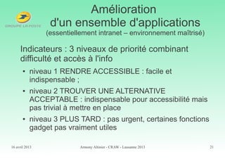 16 avril 2013 Armony Altinier - CRAW - Lausanne 2013 21
Amélioration
d'un ensemble d'applications
(essentiellement intranet – environnement maîtrisé)
Indicateurs : 3 niveaux de priorité combinant
difficulté et accès à l'info
● niveau 1 RENDRE ACCESSIBLE : facile et
indispensable ;
● niveau 2 TROUVER UNE ALTERNATIVE
ACCEPTABLE : indispensable pour accessibilité mais
pas trivial à mettre en place
● niveau 3 PLUS TARD : pas urgent, certaines fonctions
gadget pas vraiment utiles
 