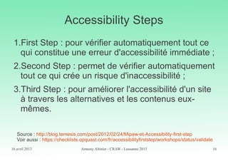 16 avril 2013 Armony Altinier - CRAW - Lausanne 2013 16
Accessibility Steps
1.First Step : pour vérifier automatiquement t...