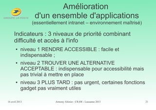 16 avril 2013 Armony Altinier - CRAW - Lausanne 2013 21
Amélioration
d'un ensemble d'applications
(essentiellement intrane...
