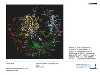 Bollen, J., Van de Sompel, H.,
                                                                    Hagberg, A., Bettencourt, L.,
                                                                    Chute, R., Rodriguez, M. A., &
                                                                    Balakireva, L. (2009). Clickstream
                                                                    data yields high-resolution maps of
                                                                    science. PloS one, 4(3), e4803.
                                                                    doi:10.1371/journal.pone.0004803


Ulrich Herb                       Johannes Kepler Universität JKU
                                  Linz
                                  17.04.2013
Saarländische Universitäts- und
Landesbibliothek
 
