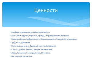 ∗ Свобода, независимость, самостоятельность
∗ Уют, Семья, Дружба, Верность, Правда, Справедливость, Качество.
∗ Карьера, Деньги, Амбициозность, Новые ощущения, Экономность, Здоровье.
∗ Труд, Сила, Движение.
∗ Поиск смысла жизни, Духовный рост, Самопознание.
∗ Красота, Добро, Любовь, Эмоции, Переживания.
∗ Люди, Компания, Гостепреимство, Оптимизм.
∗ Интуиция, Безопасность.
Ценности
 