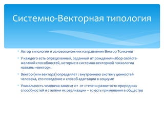 ∗ Автор типологии и основоположник направления Виктор Толкачев
∗ У каждого есть определенный, заданный от рождения набор свойств-
желаний-способностей, которые в системно-векторной психологии
названы «вектор».
∗ Вектор (или вектора) определяет : внутреннюю систему ценностей
человека, его поведение и способ адаптации в социуме
∗ Уникальность человека зависит от от степени развитости природных
способностей и степени их реализации – то есть применения в обществе
Системно-Векторная типология
 