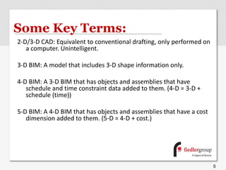 Some Key Terms:
2-D/3-D CAD: Equivalent to conventional drafting, only performed on
a computer. Unintelligent.
3-D BIM: A model that includes 3-D shape information only.
4-D BIM: A 3-D BIM that has objects and assemblies that have
schedule and time constraint data added to them. (4-D = 3-D +
schedule (time))
5-D BIM: A 4-D BIM that has objects and assemblies that have a cost
dimension added to them. (5-D = 4-D + cost.)
5
 