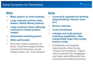 Some Dynamics for Partnership
MNOs
 Major players (in most markets)
 Large networks (airtime sales
dealers, Mobile Money...