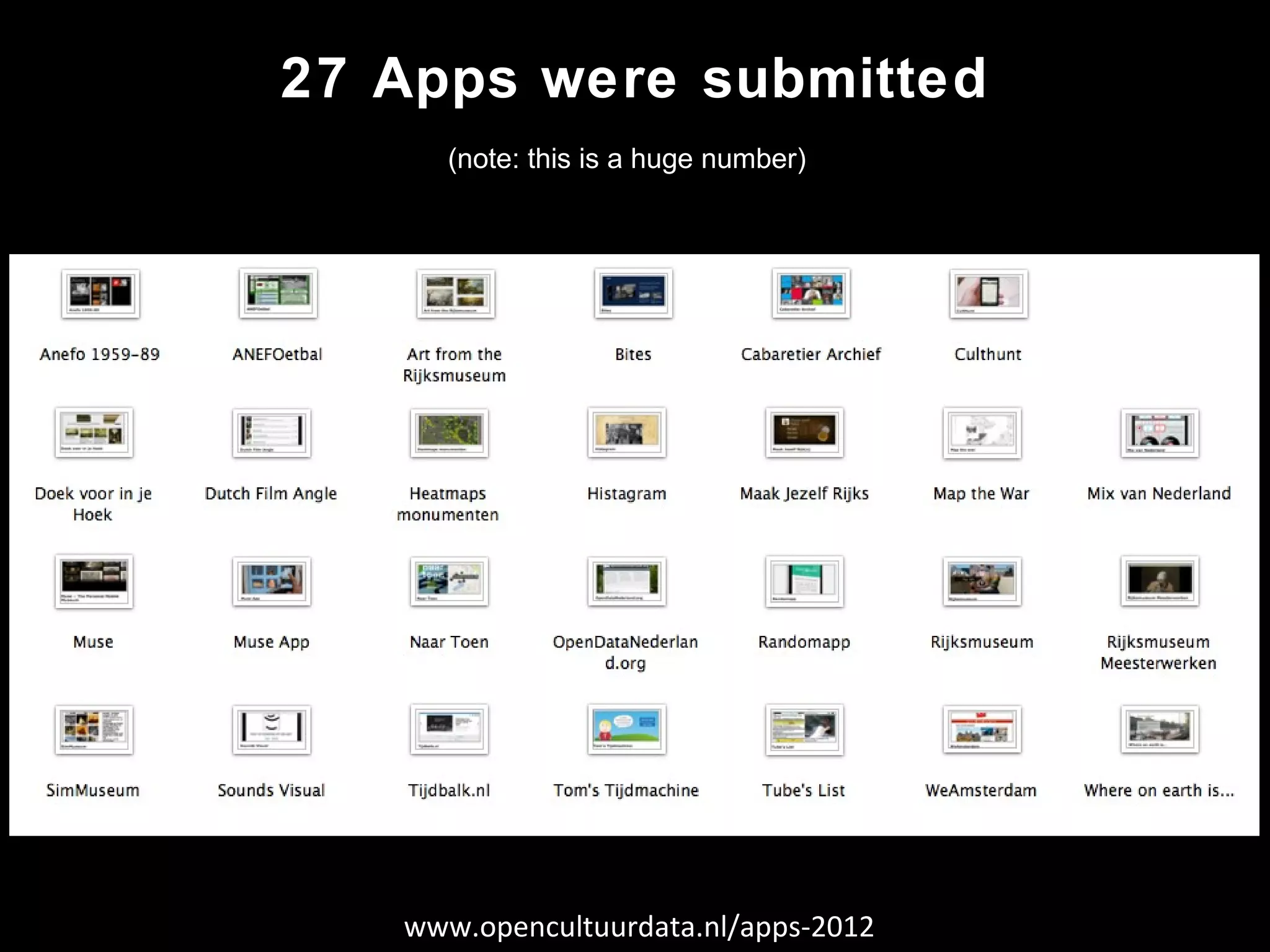 27 Apps were submitted
(note: this is a huge number)
www.opencultuurdata.nl/apps-2012
 