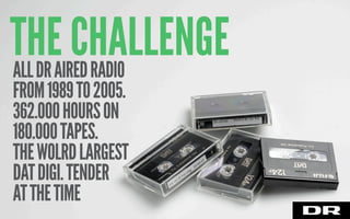 THE CHALLENGEALLDRAIREDRADIO
FROM1989TO2005.
362.000HOURSON
180.000TAPES.
THEWOLRDLARGEST
DATDIGI.TENDER
ATTHETIME
 