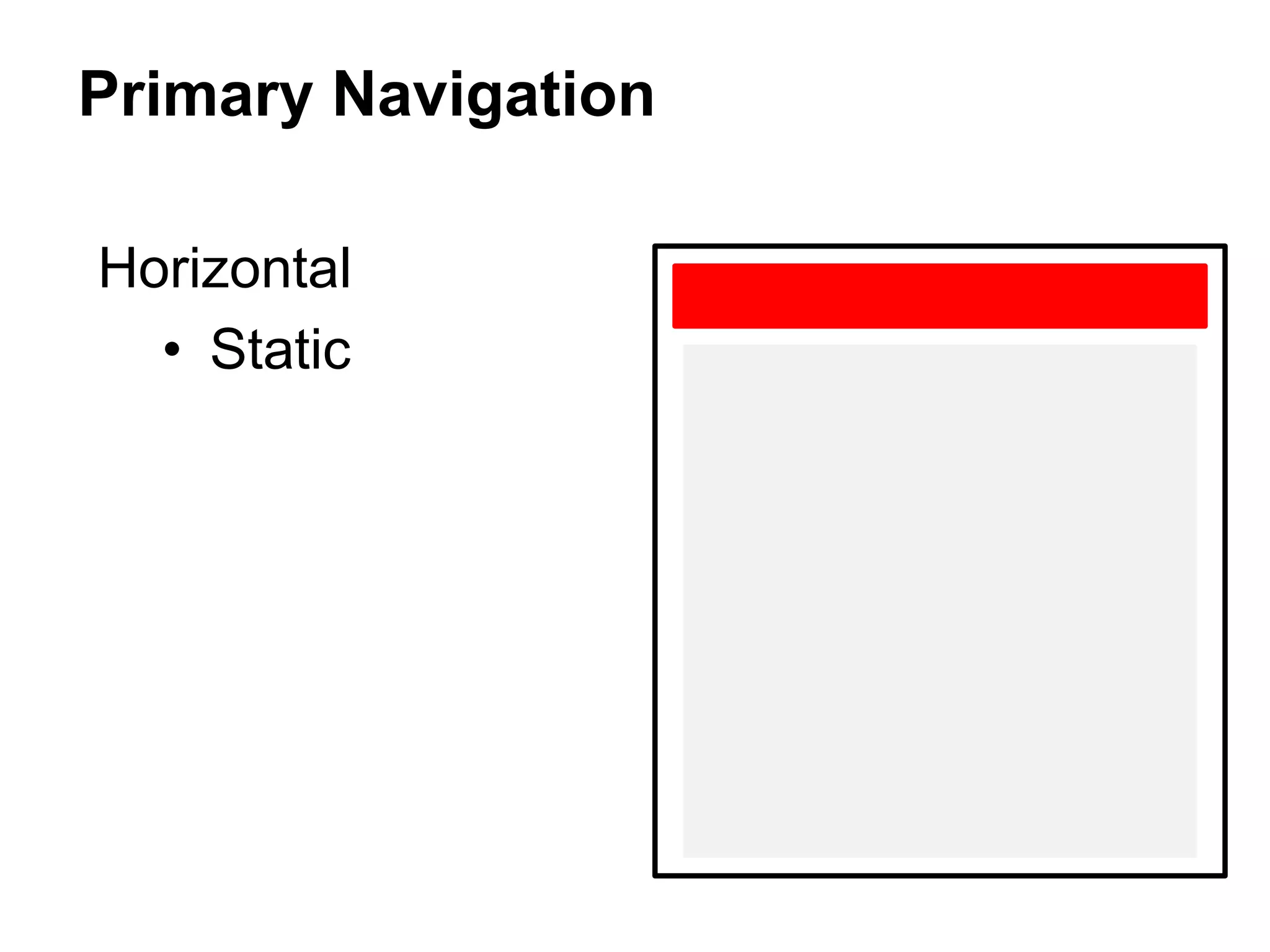 Primary Navigation
Horizontal
• Static
 