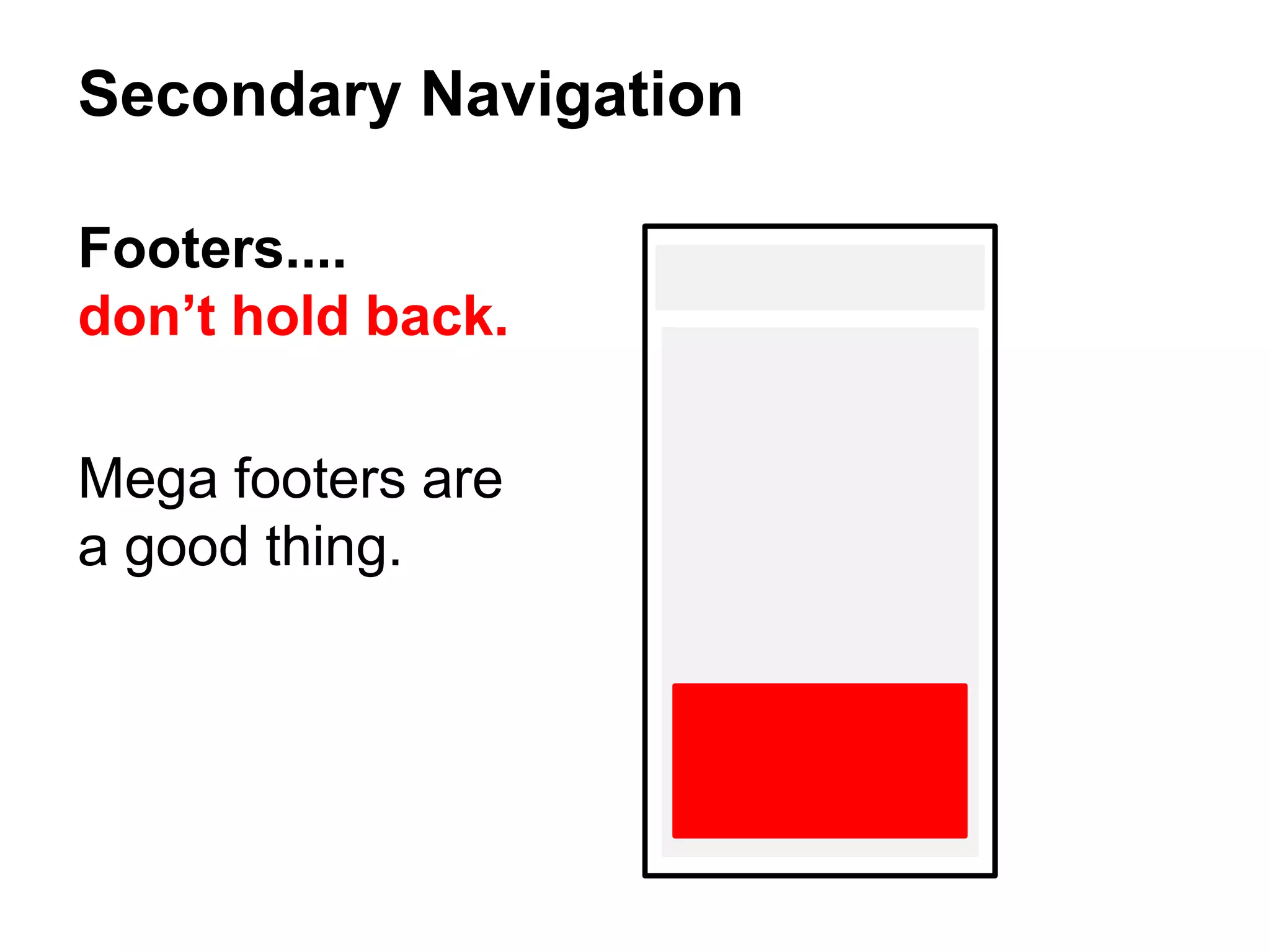 Secondary Navigation
Footers....
don’t hold back.
Mega footers are
a good thing.
 