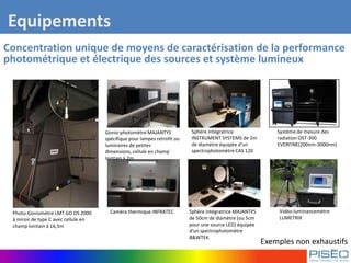 Concentration unique de moyens de caractérisation de la performance
photométrique et électrique des sources et système lumineux
Equipements
Photo-Goniomètre LMT GO DS 2000
à miroir de type C avec cellule en
champ lointain à 16,5m
Gonio-photomètre MAJANTYS
spécifique pour lampes retrofit ou
luminaires de petites
dimensions, cellule en champ
lointain à 2m
Sphère intégratrice
INSTRUMENT SYSTEMS de 2m
de diamètre équipée d'un
spectrophotomètre CAS 120
Caméra thermique INFRATEC Sphère intégratrice MAJANTYS
de 50cm de diamètre (ou 5cm
pour une source LED) équipée
d'un spectrophotomètre
B&WTEK
Système de mesure des
radiation OST-300
EVERFINE(200nm-3000nm)
Vidéo-luminancemètre
LUMETRIX
Exemples non exhaustifs
 