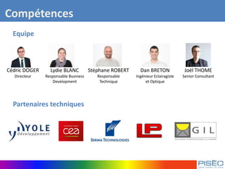 Equipe
Compétences
Partenaires techniques
Cédric DOGER
Directeur
Lydie BLANC
Responsable Business
Development
Stéphane ROBERT
Responsable
Technique
Dan BRETON
Ingénieur Eclairagiste
et Optique
Joël THOME
Senior Consultant
 