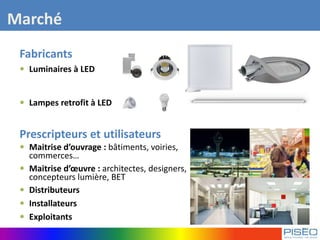 Marché
Fabricants
 Luminaires à LED
 Lampes retrofit à LED
Prescripteurs et utilisateurs
 Maitrise d’ouvrage : bâtiments, voiries,
commerces…
 Maitrise d’œuvre : architectes, designers,
concepteurs lumière, BET
 Distributeurs
 Installateurs
 Exploitants
 