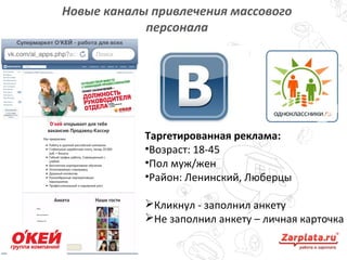 12
Таргетированная реклама:
•Возраст: 18-45
•Пол муж/жен
•Район: Ленинский, Люберцы
Кликнул - заполнил анкету
Не заполнил анкету – личная карточка
Новые каналы привлечения массового
персонала
 