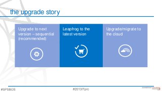 the upgrade story
Upgrade/migrate to
the cloud
Upgrade to next
version – sequential
(recommended)
Leapfrog to the
latest version
 