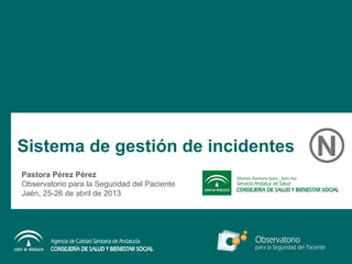 Sistema de gestión de incidentes
Pastora Pérez Pérez
Observatorio para la Seguridad del Paciente
Jaén, 25-26 de abril de 2013
 