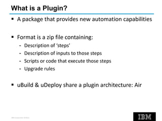 IBM Corporation ©2013
What is a Plugin?
 A package that provides new automation capabilities
 Format is a zip file containing:
- Description of ‘steps’
- Description of inputs to those steps
- Scripts or code that execute those steps
- Upgrade rules
 uBuild & uDeploy share a plugin architecture: Air
 