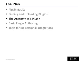 IBM Corporation ©2013
The Plan
 Plugin Basics
 Finding and Uploading Plugins
 The Anatomy of a Plugin
 Basic Plugin Authoring
 Tools for Bidirectional Integrations
 