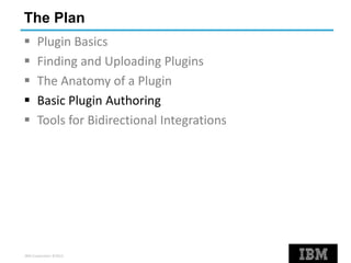 IBM Corporation ©2013
The Plan
 Plugin Basics
 Finding and Uploading Plugins
 The Anatomy of a Plugin
 Basic Plugin Authoring
 Tools for Bidirectional Integrations
 