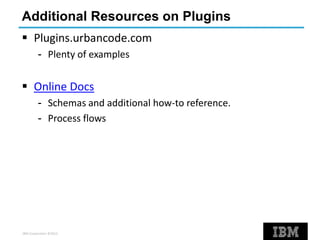 IBM Corporation ©2013
Additional Resources on Plugins
 Plugins.urbancode.com
- Plenty of examples
 Online Docs
- Schemas and additional how-to reference.
- Process flows
 