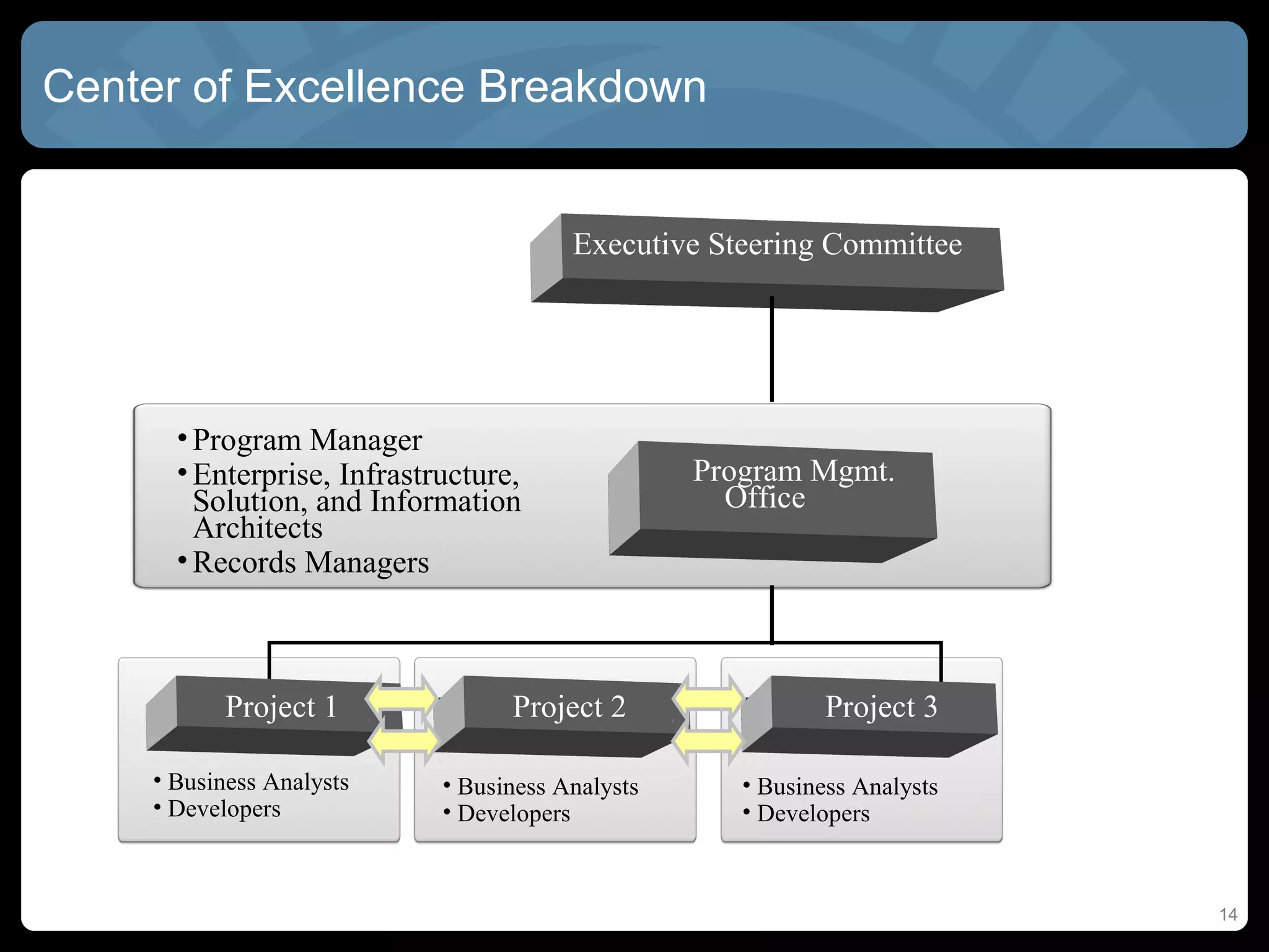 Center of Excellence Breakdown


                                        Executive Steering Committee




      • Program Manager
      • Enterprise, Infrastructure,               Program Mgmt.
        Solution, and Information                   Office
        Architects
      • Records Managers



          Project 1               Project 2                  Project 3

    • Business Analysts     • Business Analysts      • Business Analysts
    • Developers            • Developers             • Developers



                                                                           14
 