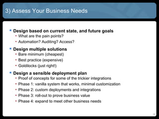 3) Assess Your Business Needs


  Design based on current state, and future goals
   • What are the pain points?
   • Automation? Auditing? Access?
  Design multiple solutions
   • Bare minimum (cheapest)
   • Best practice (expensive)
   • Goldilocks (just right!)
  Design a sensible deployment plan
   •   Proof of concepts for some of the trickier integrations
   •   Phase 1: vanilla system that works, minimal customization
   •   Phase 2: custom deployments and integrations
   •   Phase 3: roll-out to prove business value
   •   Phase 4: expand to meet other business needs


                                                                   18
 