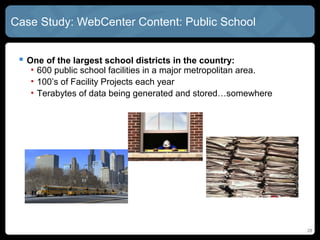 Case Study: WebCenter Content: Public School


  One of the largest school districts in the country:
   • 600 public school facilities in a major metropolitan area.
   • 100’s of Facility Projects each year
   • Terabytes of data being generated and stored…somewhere




                                                                  28
 