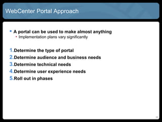 WebCenter Portal Approach


  A portal can be used to make almost anything
   • Implementation plans vary significantly


 1.Determine the type of portal
 2.Determine audience and business needs
 3.Determine technical needs
 4.Determine user experience needs
 5.Roll out in phases




                                                  38
 