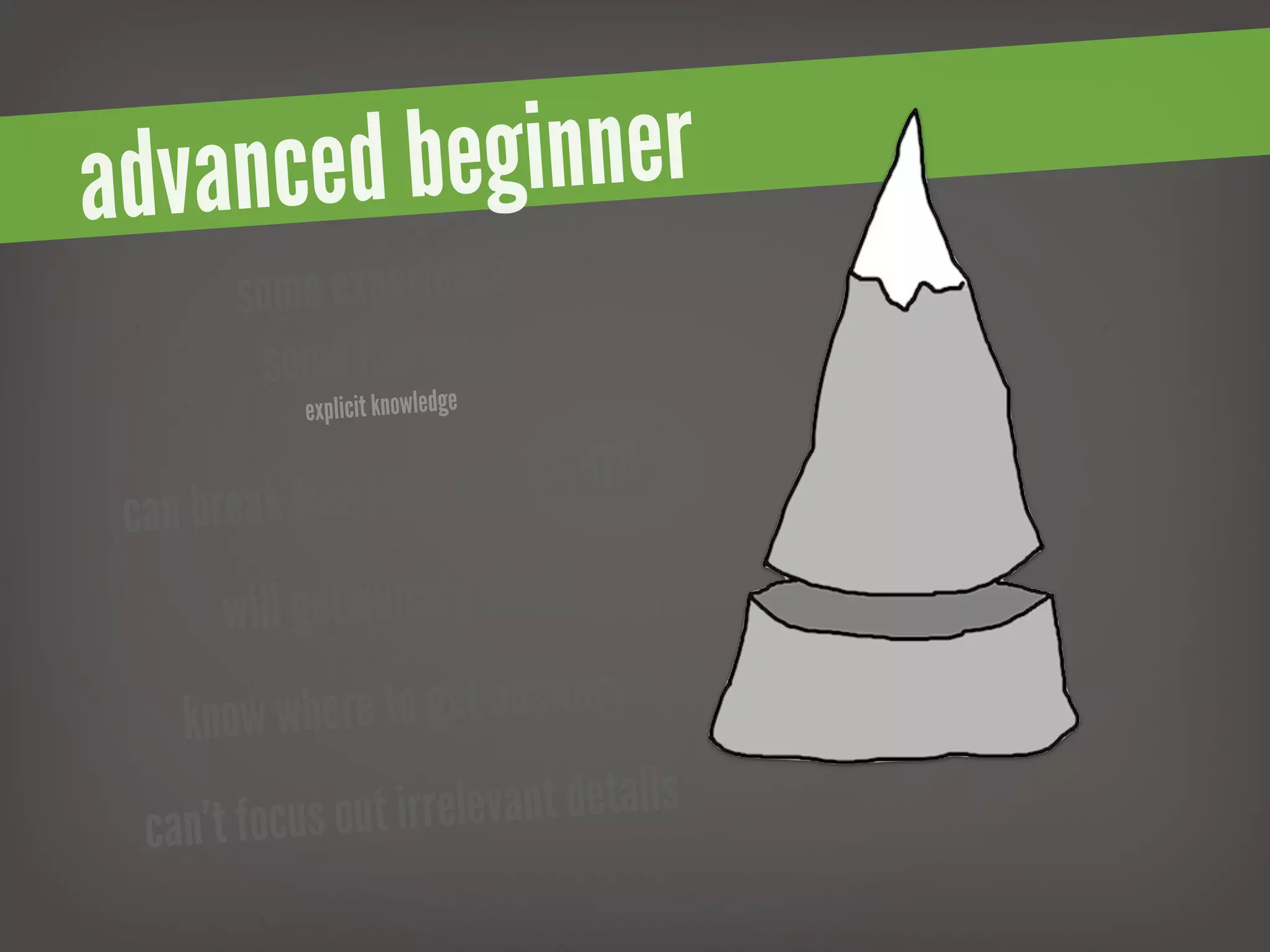 a dvanced beginner
        s ome experience
          some learngieng
             explicit knowled


 can break free fro  m rules a little

       will g et quickly stuck
     know where t  o get answers

  c an't focus out ir relevant details
 