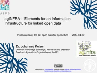 Presentations by Johannes Keizer is licensed under a Creative Commons Attribution-
NonCommercial-ShareAlike 3.0 Unported License.
Dr. Johannes Keizer
Office of Knowledge Exchange, Research and Extension
Food and Agriculture Organization of the UN
agINFRA - Elements for an Information
Infrastructure for linked open data
Presentation at the G8 open data for agriculture 2013-04-30
 