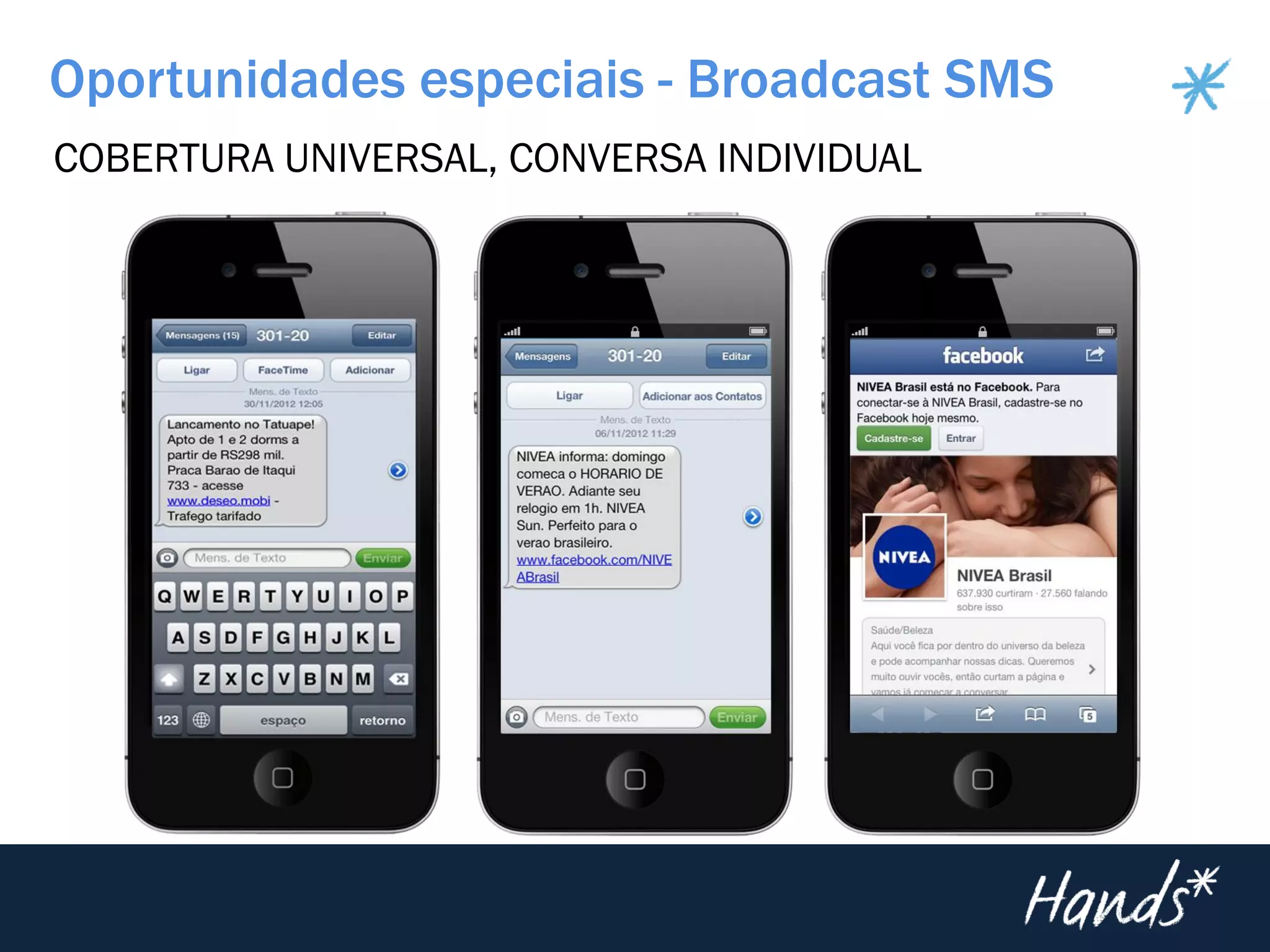 Oportunidades especiais - Broadcast SMS
COBERTURA UNIVERSAL, CONVERSA INDIVIDUAL
 