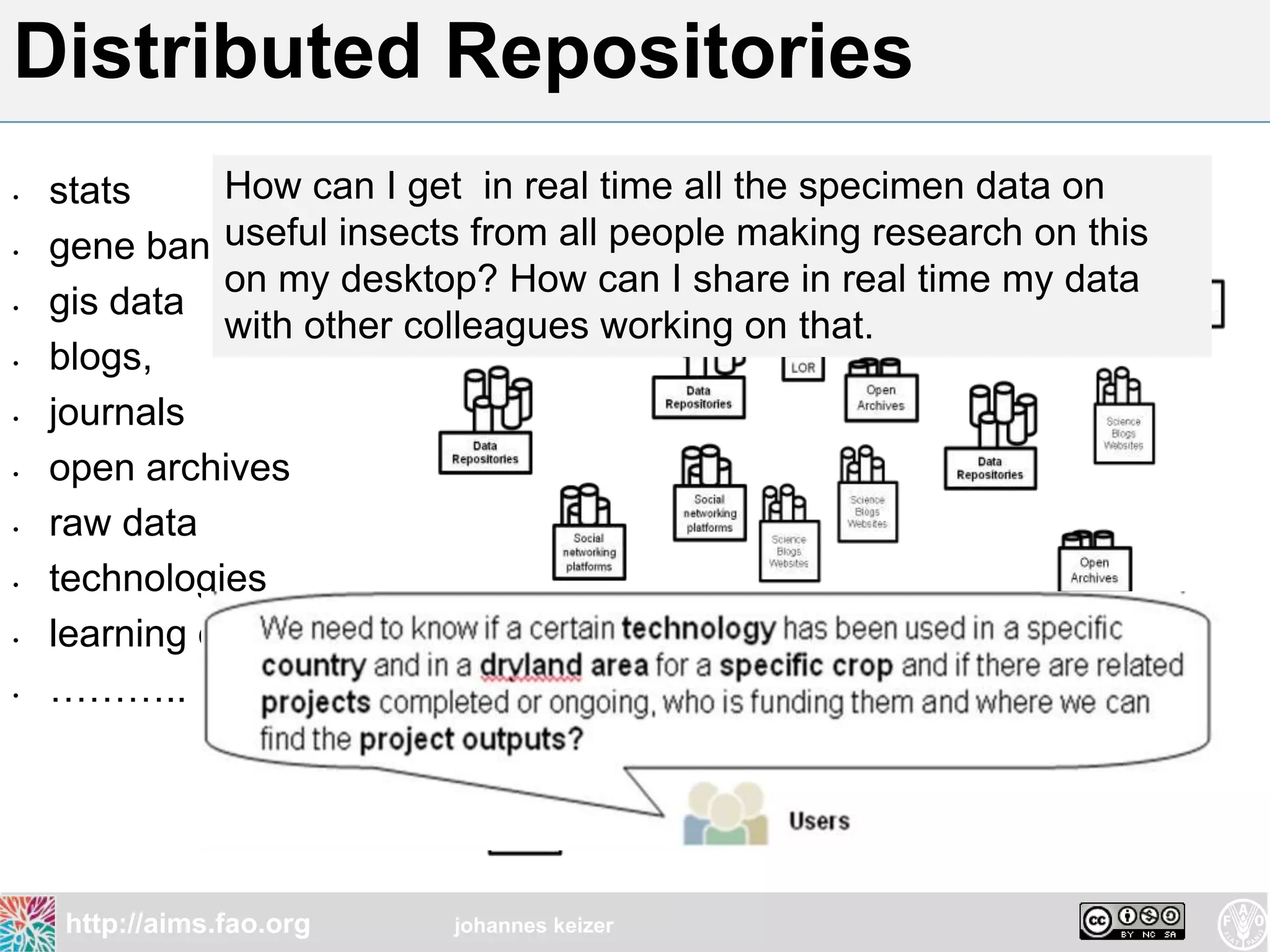 Distributed Repositories
•   stats     How can I get in real time all the specimen data on
•   gene banksuseful insects from all people making research on this
              on my desktop? How can I share in real time my data
•   gis data
              with other colleagues working on that.
•   blogs,
•   journals
•   open archives
•   raw data
•   technologies
•   learning objects
•   ………..




    http://aims.fao.org    johannes keizer
 
