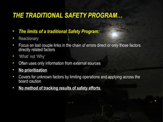 THE TRADITIONAL SAFETY PROGRAM…

• The limits of a traditional Safety Program:
•   Reactionary
•   Focus on last couple li...