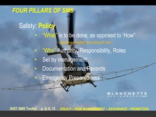 FOUR PILLARS OF SMS

     Safety: Policy
              • “What” is to be done, as opposed to ‘How”
                                 objectives, safety commitment, etc.

              •     “Who” Authority, Responsibility, Roles
              •     Set by management
              •     Documentation and Records
              •     Emergency Preparedness




IHST SMS Toolkit   p. 6, 9, 15   POLICY – RISK MANAGEMENT – ASSURANCE - PROMOTION
 