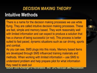 DECISION MAKING THEORY
Intuitive Methods
    Fast
• There is a name for the decision making processes we use while
• flying. They are called intuitive decision making processes. These
     Simple
• are fast, simple and memory based. They work reasonably well
     Memory based
  with limited information and can expect to produce a solution that
     Work with limited information
• has a chance of being successful (or not). This process is better
• suited to fast paced, dynamic situations such as car driving, sports
     Option chosen probably OK, but not optimal
  and combat.
Better suited see, SMS plugs into this nicely. Memory baseddynamic,
  As you can to real time decision making (flying) and other items
  are developed through SMSdriving, sports, combat
     fast paced situations: car influenced training materials and
  methods. When working with limited information – use SMS to
  understand problem and help prepare pilot for what information
  they need to seek out
 Source: Dave Huntzinger & Fred Brisbois - IHST 2012 Heli-Expo SMS Presentation
 