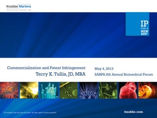 Commercialization and Patent Infringement
Terry K.Tullis,JD, MBA
May 4, 2013
SABPA 8th Annual Biomedical Forum
The recipient may only view this work. No other right or license is granted.
 