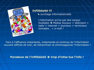 InfObésité !!!
 surchage informationnelle
L’information arrive par des canaux
multiples  Médias Sociaux + télévision +
radio + internet + journaux + terminaux
nomades… + e-mail !
Face à l’affluence importante, instantanée et continue de l’information
souvent difficile de trier, de hiérarchiser et d’emmagasiner l’information !
Paradoxe de l’infObésité  trop d’infos tue l’info !
 