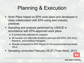 BUILDING STRONG®
Planning & Execution
 Work Plans based on EPA work plans and developed in
close collaboration with EPA u...
