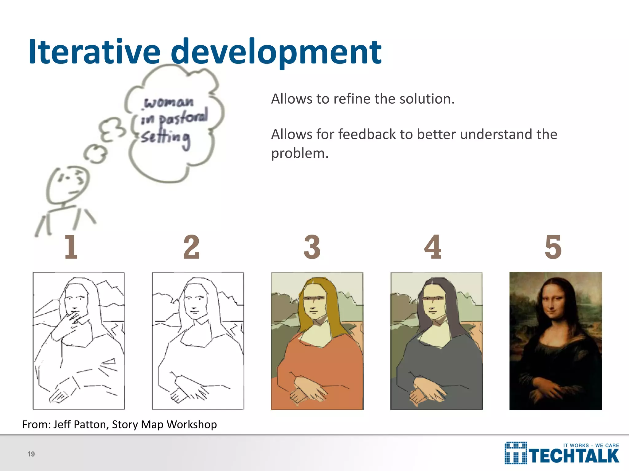 19
Iterative development
1 2 3
Allows to refine the solution.
Allows for feedback to better understand the
problem.
4 5
From: Jeff Patton, Story Map Workshop
 