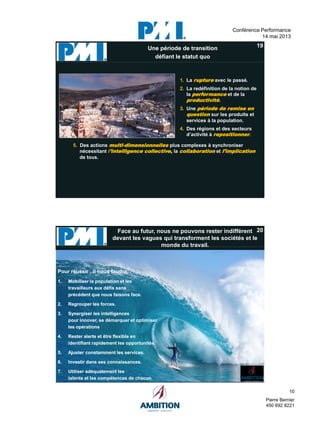 10
Pierre Bernier
450 692 8221
Conférence Performance
14 mai 2013
pressé)
image.
19
1. La rupture avec le passé.
2. La redéfinition de la notion de
la performance et de la
productivité.
3. Une période de remise en
question sur les produits et
services à la population.
4. Des régions et des secteurs
d’activité à repositionner.
5. Des actions multi-dimensionnelles plus complexes à synchroniser
nécessitant l’intelligence collective, la collaboration et l’implication
de tous.
Une période de transitionUne période de transition
défiant le statut quodéfiant le statut quo
20Face au futur, nous ne pouvons rester indifférent
devant les vagues qui transforment les sociétés et le
monde du travail.
Pour réussir , il nous faudra:Pour réussir , il nous faudra:
1.1. Mobiliser la population et lesMobiliser la population et les
travailleurs aux défis sanstravailleurs aux défis sans
précédent que nous faisons face.précédent que nous faisons face.
2.2. Regrouper les forces.Regrouper les forces.
3.3. SynergiserSynergiser les intelligencesles intelligences
pour innover, se démarquer et optimiserpour innover, se démarquer et optimiser
les opérationsles opérations
4.4. Rester alerte et être flexible enRester alerte et être flexible en
identifiant rapidement les opportunités.identifiant rapidement les opportunités.
5.5. Ajuster constamment les services.Ajuster constamment les services.
6.6. Investir dans ses connaissances.Investir dans ses connaissances.
7.7. Utiliser adéquatement lesUtiliser adéquatement les
talents et les compétences de chacun.talents et les compétences de chacun.
 
